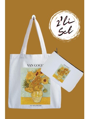 Designedfy Van Gogh Sunflowers Baskılı Bez Çanta ve Kalemlik Seti