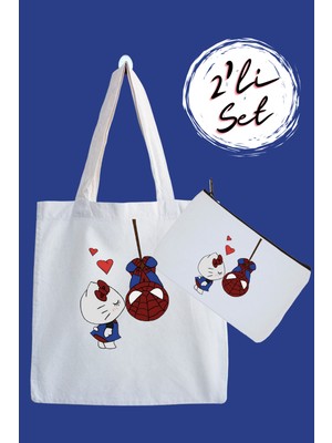 Designedfy Hello Kitty ve Spider Su Geçirmez Bez Çanta ve Kalemlik 2'li Avantaj Seti