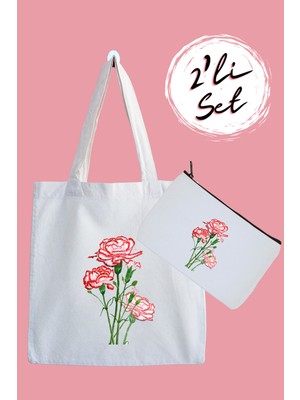Designedfy Çiçek Su Geçirmez Bez Çanta ve Kalemlik 2'li Avantaj Seti