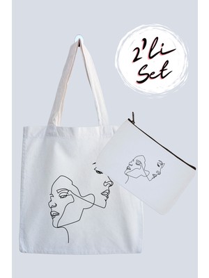 Designedfy Faces Line Su Geçirmez Bez Çanta ve Kalemlik 2'li Avantaj Seti