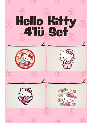 Designedfy Hello Kitty Set 2 Baskılı 4'lü Makyaj Çantası, Kalemlik, Cüzdan