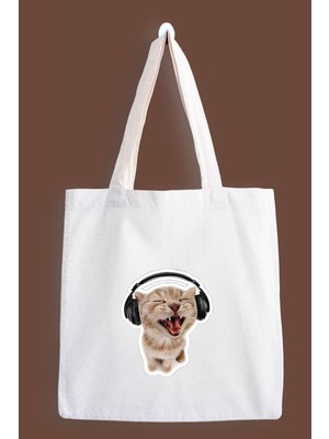 Designedfy Cat Su Geçirmez Baskılı Bez Çanta, Tote Bag