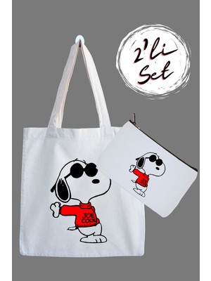 Designedfy Snoopy Baskılı Bez Çanta ve Kalemlik 2'li Avantaj Seti