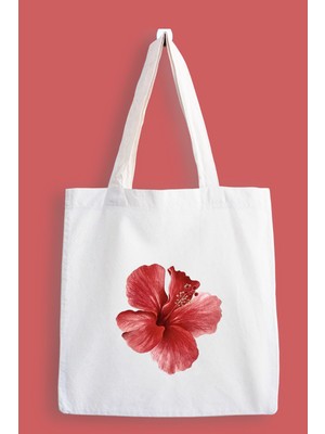 Designedfy Red Hibiscus Baskılı Bez Tote Bag Su Geçirmez Kumaş Özellikli Kadın Çantası