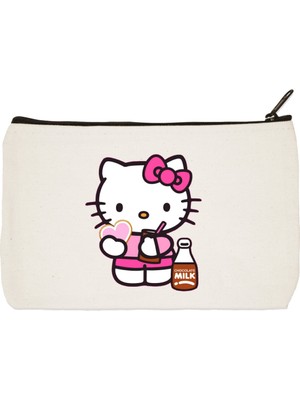 Designedfy Hello Kitty Milkshake Baskılı Bez Makyaj Çantası, Kalemlik, El Çantası