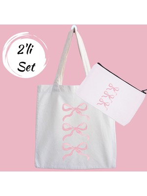 Designedfy Pembe Fiyonk Kampanyalı 2'li Bez Çanta ve Makyaj Çantası Seti