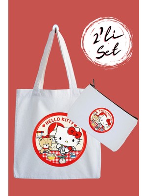 Designedfy Hello Kitty Su Geçirmez Bez Çanta ve Kalemlik 2'li Avantaj Seti