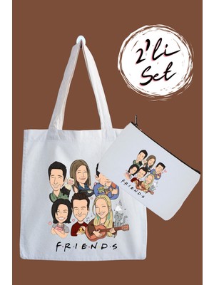 Designedfy Friends Baskılı Bez Çanta ve Kalemlik 2'li Avantaj Seti