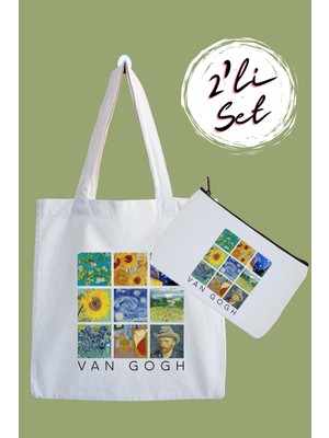 Designedfy Van Gogh Kolaj Baskılı Bez Çanta ve Kalemlik Seti