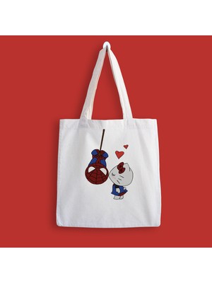 Designedfy Hello Kitty - Spiderman 2 Baskılı Bez Çanta Eğlenceli Tasarım