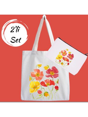 Designedfy Çiçekler Kampanyalı 2'li Bez Çanta ve Makyaj Çantası Seti