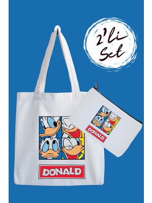 Designedfy Donald Su Geçirmez Bez Çanta ve Kalemlik 2'li Avantaj Seti