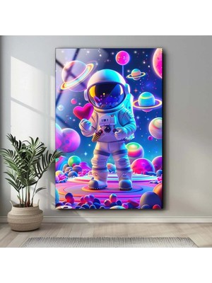 Marsilyan Astronot ve Uzay Teması Dekoratif Cam Duvar Tablosu | Modern Salon Dekoru | Seri Csswek