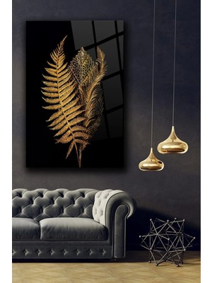 Marsilyan Gold Yapraklar Modern Cam Tablo | Şık Duvar Sanatı ve Ev Dekoru | Seri EFLV73