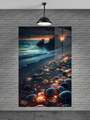 Marsilyan Kumsal ve Neon Taşlar Modern Cam Tablo | Şık Duvar Sanatı ve Ev Dekoru | Seri 63HE6B