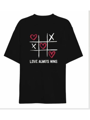 Modi 14 Şubat Sevgililer Günü Love Always Wins Baskılı Oversize Bisiklet Yaka T-Shirt Siyah
