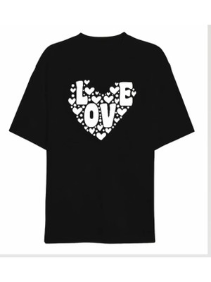 Modi 14 Şubat Sevgililer Günü Love Kalp Baskılı Oversize Bisiklet Yaka T-Shirt Siyah