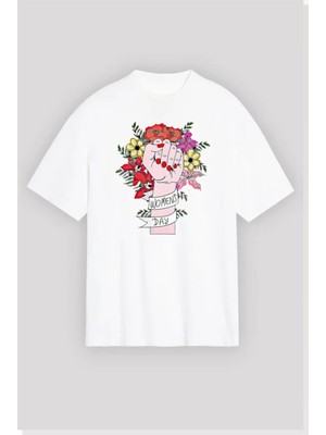 Modi 8 Mart Dünya Kadınlar Günü Baskılı Oversize Bisiklet Yaka T-Shirt Beyaz