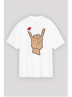 Modi Yılbaşı Noel Başlıklı Serçe Parmak Baskılı Oversize Bisiklet Yaka T-Shirt Beyaz
