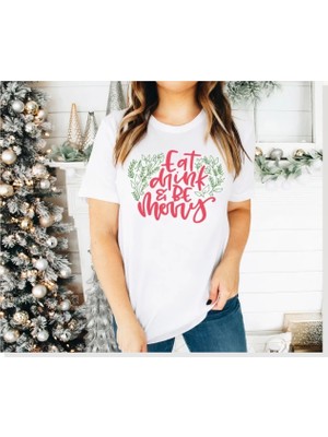 Modi Yılbaşı Noel Baskılı Kısa Kollu Oversize Bisiklet Yaka T-Shirt Beyaz