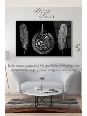 Marsilyan Ayetel Kürsi Ayet ve Tüy 4 mm Cam Duvar Tablosu | Modern Dekoratif Tasarım | Seri 6MV7AQ