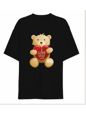 Modi 14 Şubat Sevgililer Günü I Love You Ayı Baskılı Oversize Bisiklet Yaka T-Shirt Siyah