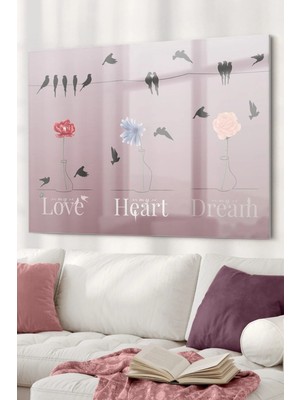 Marsilyan Çiçek ve Kuşlar Love Heart Dream Cam Tablo | Şık Modern Duvar Dekorasyonu | Seri 4mthez