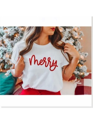 Modi Yılbaşı Merry Christmas Baskılı Kısa Kollu Oversize Bisiklet Yaka T-Shirt Beyaz
