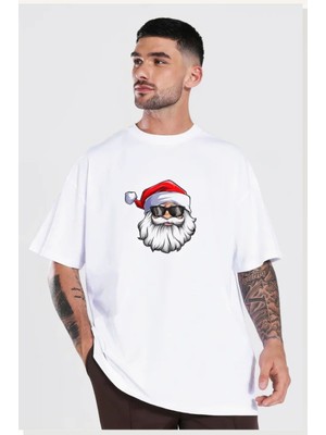 Modi Yılbaşı Gözlüklü Noel Baba Baskılı Kısa Kollu Oversize Bisiklet Yaka T-Shirt Beyaz