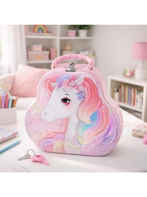 Duffa Sevimli Metal Unicorn Kumbara Çantalı Kilitli Kumbara Hediye Kumbara Çanta Kumbara Doğum Günü Hediye Unicorn At Kumbara Çocuk Kumbara