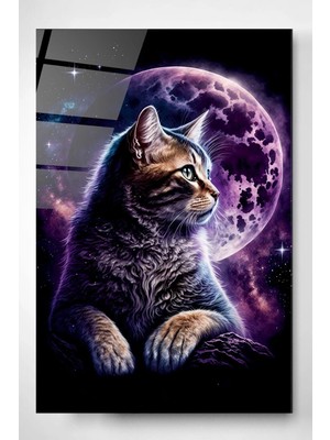Marsilyan Kedi ve Dolunay Modern Dekoratif Cam Duvar Tablosu | Duvar Sanatı | Seri 4ZO735