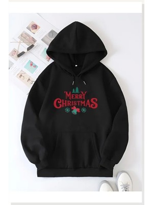 Modi Yılbaşı Merry Christmas Baskılı Oversize Kapüşonlu Sweatshirt Hoodie Siyah