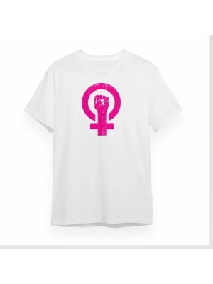 Modi 8 Mart Dünya Kadınlar Günü Baskılı Oversize Bisiklet Yaka T-Shirt Beyaz