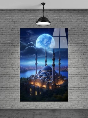 Marsilyan Camii ve Ay 4 mm Temperli Dini Dekoratif Cam Tablo | Salon ve Ofis Duvar Dekoru | Seri Rbxcon