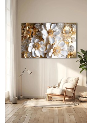 Marsilyan Beyaz Altın Gold Detaylı Çiçek Cam Duvar Tablosu | Modern Dekoratif Tasarım | Seri Hvckly
