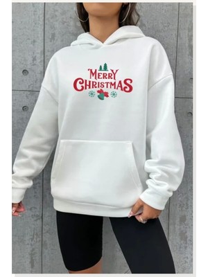 Modi Yılbaşı Merry Christmas Baskılı Oversize Kapüşonlu Sweatshirt Hoodie Beyaz
