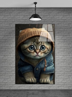 Marsilyan Montlu Kedi Modern Dekoratif Cam Duvar Tablosu | Duvar Sanatı | Seri MGK26M