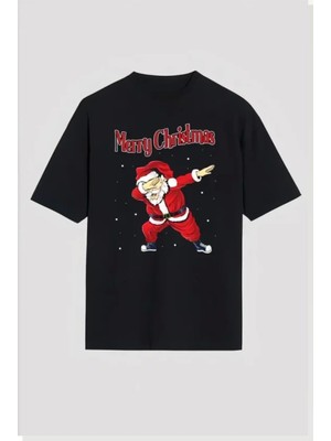 Modi Yılbaşı Merry Christmas Noel Baba Baskılı Oversize Bisiklet Yaka T-Shirt Siyah