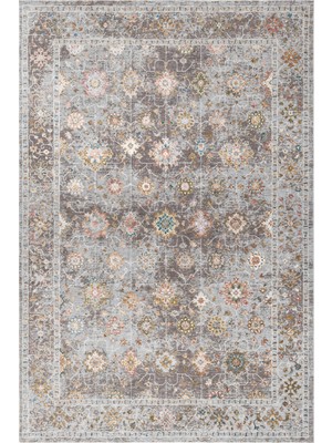 Saraz Halı Vintage Gri Çok Renkli Çiçek Madalyon Desenli Baskı Şönil Halı Kaymaz Taban Salon Oturma Odası Yatak Odası Halısı SH08