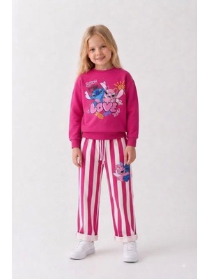 Cg Kids Love Baskılı Eşofman Çizgili Detaylı Kız Çocuk Sweatshirt & Eşofman Alt Üst Takım - Fuşya