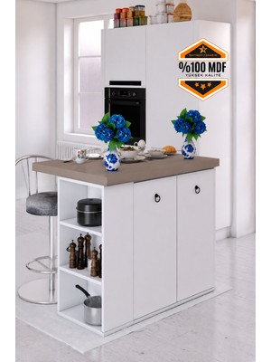 Rafineri Tasarım Adore Çok Amaçlı Mutfak Adası 2 Kapaklı Raflı %100 Mdf
