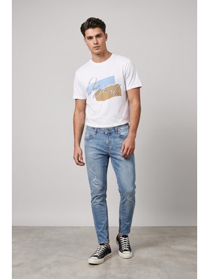 Blue White Erkek Skinny Fermuarlı Paça Detaylı Jean Açık Mavi
