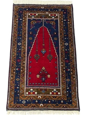 Burak Halı El Dokuma Sıfır Yahyalı Seccade 86X140 Lacivert Kırmızı Kök Boya %100 Yün Namazlık
