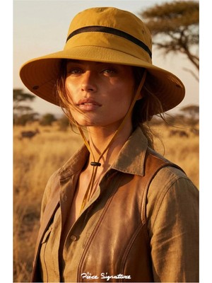 PIECE SIGNATURE Unisex Geniş Kenarlı Fileli Katlanabilir Safari Güneş Şapkası Ayarlanabilir Ipli Kamp ve Balıkçı Şapkası