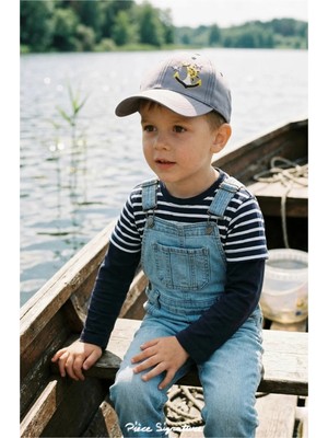 PIECE SIGNATURE %100 Cotton, Çıpa Nakışlı Pamuk Gabardin Kot, Çocuk Şapka ( 7-10 Yaş )