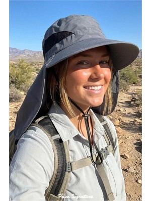 PIECE SIGNATURE Unisex Gri Lejyoner Safari Şapkası - Enselikli, Güneş Korumalı Outdoor Ayarlanabilir Ipli Doğa Şapkası