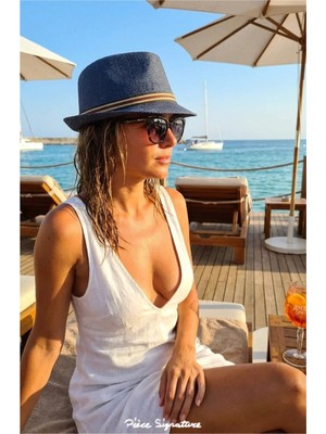 PIECE SIGNATURE Mj Sportif Şeritli Hasır Trilby Şapka - Günlük ve Tatil Şapkası ( 58-59 Cm, Kadın/erkek )