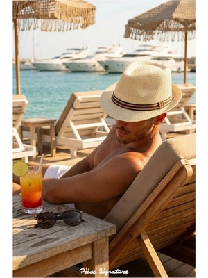 PIECE SIGNATURE Mj Sportif Şeritli Hasır Trilby Şapka - Günlük ve Tatil Şapkası ( 58-59 Cm, Kadın/erkek )