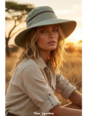PIECE SIGNATURE Unisex Geniş Kenarlı Fileli Katlanabilir Safari Güneş Şapkası Ayarlanabilir Ipli Kamp ve Balıkçı Şapkası