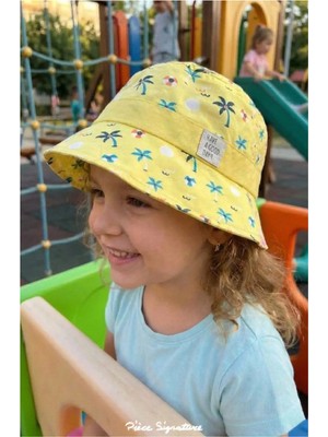 PIECE SIGNATURE %100 Pamuk, Kız Çocuk, Palmiye Baskılı Bucket Şapka ( Size, 52 ) ( 4-8 Yaş )